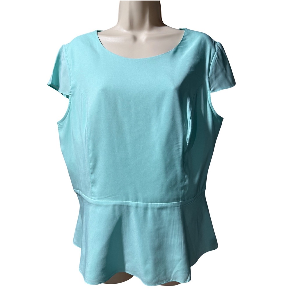 Express Seafoam Green Peplum Blouse Cap Sleeve Exposed Gold Zipper Top Large - Picture 2 of 8